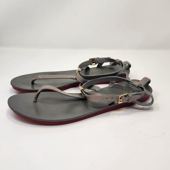 Tory Burch Women Gray Leather T Strap Thong Sandal Size 7.5M Gold Tone Logo - Picture 7 of 10